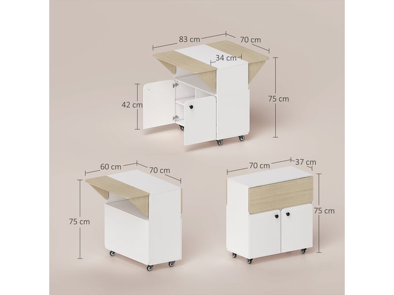  Table pliante extensible blanche et bois naturel 70x83x75 cm, 2 rallonges rabattables, rangement intégré et 4 roulettes  - Conforama D