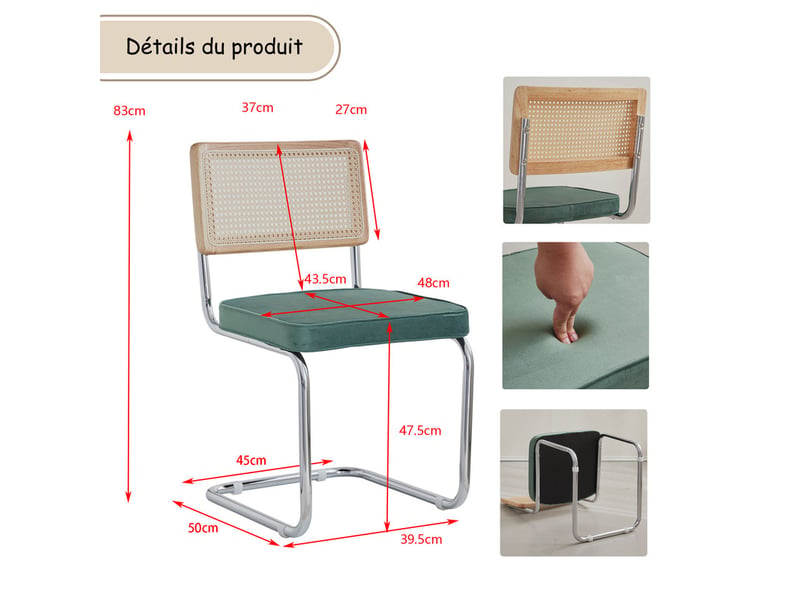  Lot de 2 chaises de salle à manger - chaise rembourrée en rotin - scandinave - vert (velours) Grand-house - Conforama E