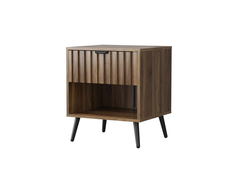  Table de chevet avec tiroir et niche ouverte, pieds en métal noir, pour chambre et salon, mdf noyer, 45 × 40 × 53 cm  - Conforama A