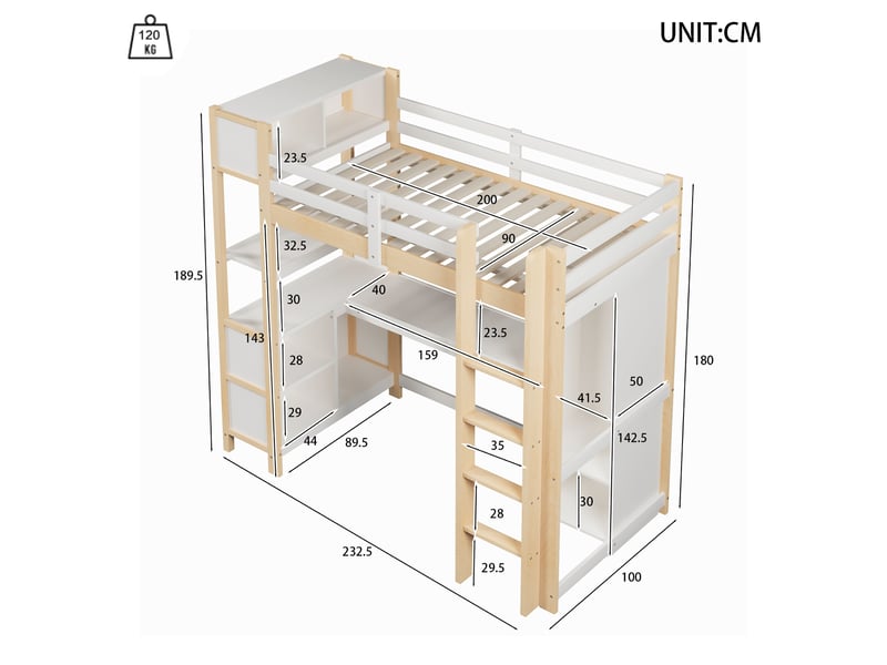  Lit mezzanine 90x200 cm avec bureau, étagères, armoire, sans matelas, naturel, rangement pour enfant sûr  - Conforama B