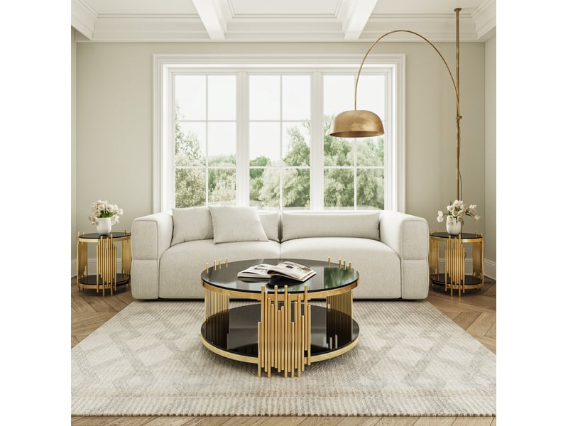  Table basse ronde en verre trempé avec 2 niveaux et structure en acier inoxydable pour salon bicolore noir et or  - Conforama E