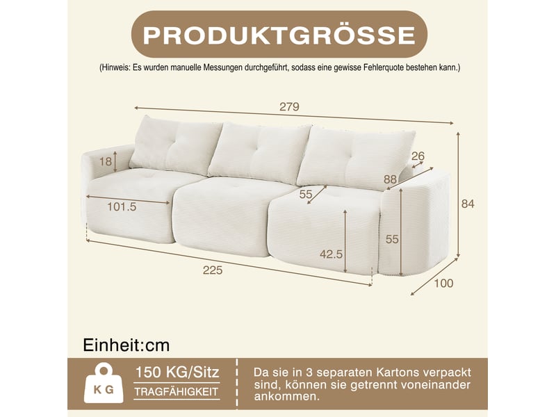  Canapé modulable 3 places 279x100x84 cm beige en tissu côtelé, configuration 2+1 et 3 coussins de dossier  - Conforama C