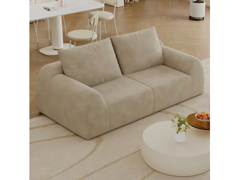 Canapé droit 2 places en mousse haute élasticité sans outils, revêtement en tissu chenille kaki, 190 × 95 × 85 cm - Conforama B