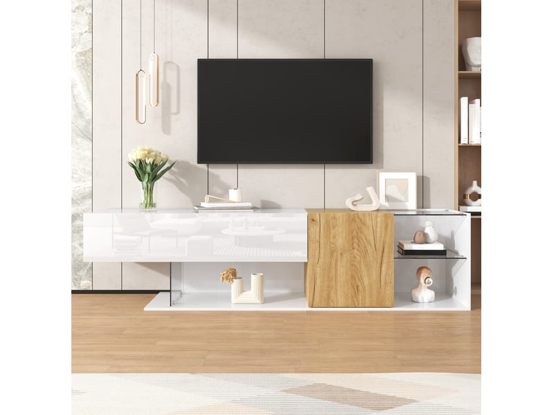  Meuble tv 180 x 38 x 48 cm – blanc et bois naturel – rangement avec portes et étagères en verre  - Conforama B