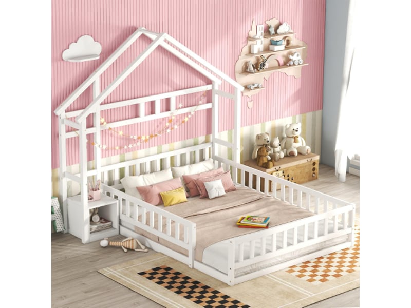  Lit enfant 140x200 cm, avec tête de lit maison et table de chevet, en bois, blanc, sans matelas  - Conforama C