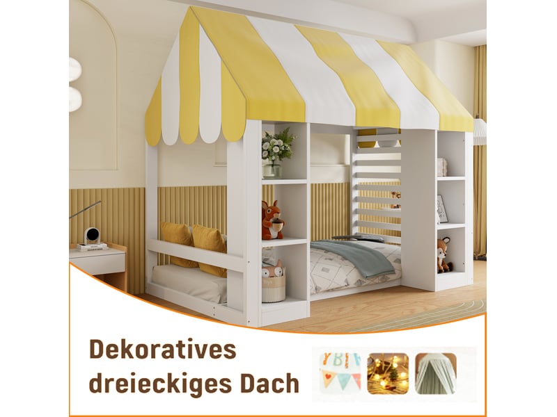 Lit superposé 90 × 200 cm avec ciel de lit et 2 rangements ouverts, structure en bois, pour chambre d'enfant, blanc - Conforama E