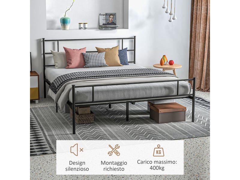 Cadre de lit 160x200 en acier noir mat, avec lattes, tête et pied de lit - Conforama W
