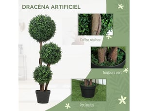 Plante artificielle 100 cm, 3 boules de buis, pot, arbre artificiel intérieur extérieur, facile à nettoyer, vert