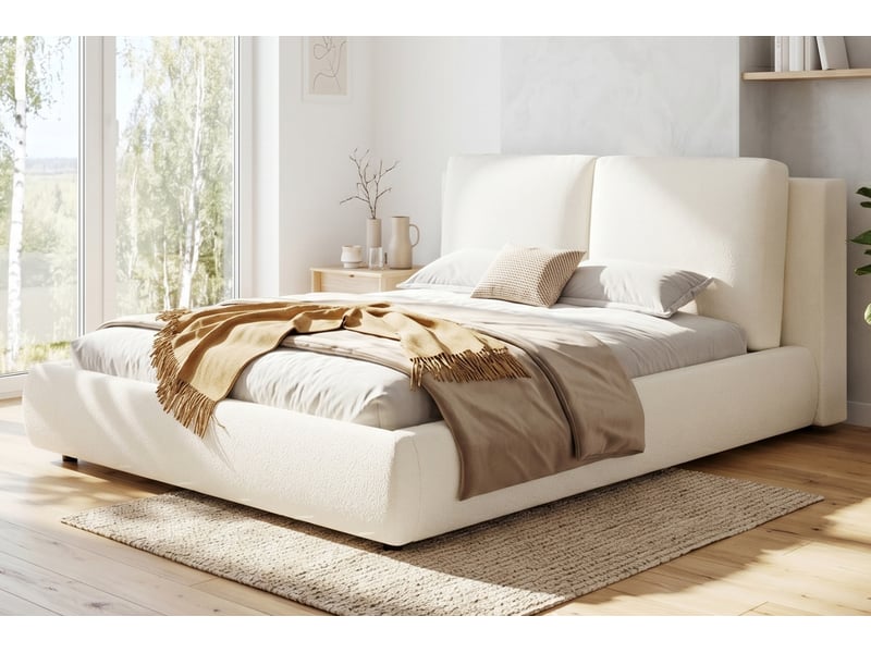 Lit double 180 × 200 cm, bouclé, sommier à lattes, tête de lit rembourrée amovible, structure basse sur pieds, beige  - Conforama D
