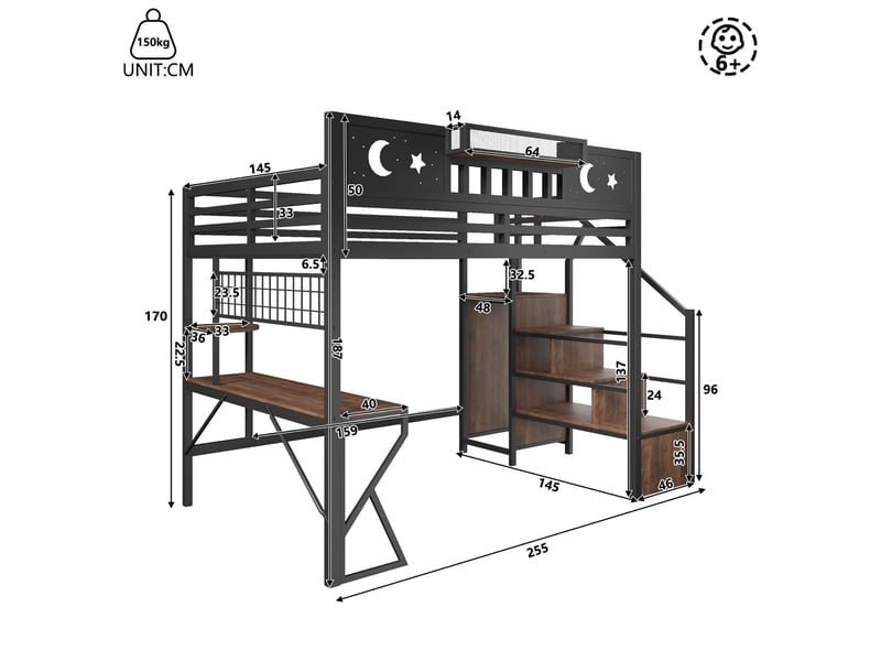  Lit mezzanine enfant 140x200cm avec bureau, panneau perforé pegboard, étagères, led, prises usb et pieds en k, métal noir evarich - Conforama C