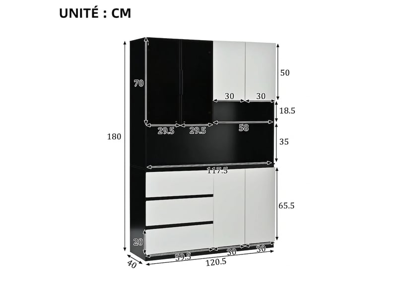 Vaisselier de cuisine avec éclairage led réglable, meuble de rangement 6 portes et 3 tiroirs, noir et blanc - Conforama E