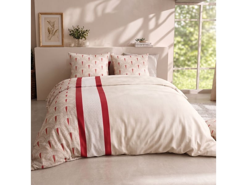  Parure housse de couette 260x240cm + 2 taies motif art-déco rouge et beige 100% coton - linoa LINOA - Conforama A