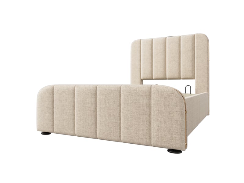  Lit coffre simple 90x200 cm en lin beige avec rangement hydraulique, usb, type-c et matelas inclus  - Conforama E