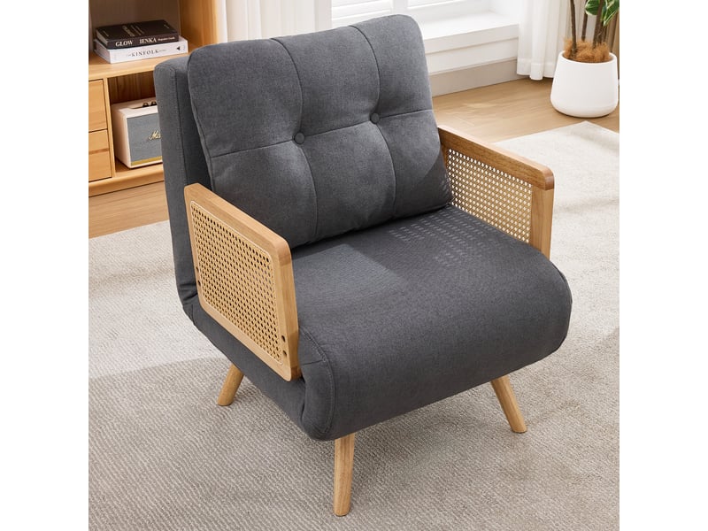  Fauteuil convertible 3 en 1 gris effet lin avec dossier 5 positions et accoudoirs en rotin  - Conforama W