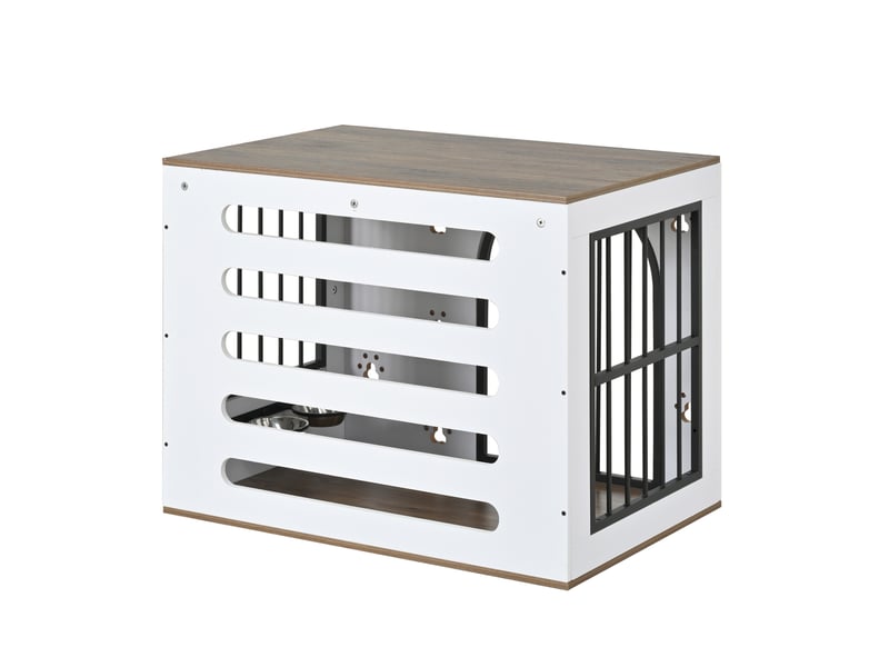  Cage d’intérieur 80x54x63 cm – blanc et chêne clair – table d’appoint avec 2 gamelles en inox amovibles  - Conforama C
