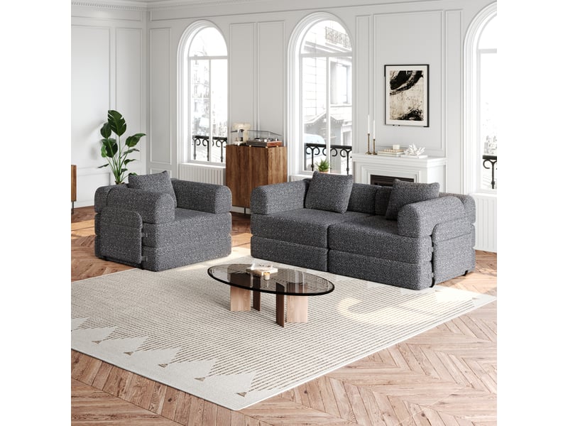 Canapé-lit modulable 2-en-1 en chenille, avec rangement dans les accoudoirs, structure métallique et configuration libre - gris - Conforama B
