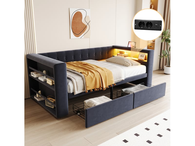 Lit banquette 90x190 cm avec led, prise et rangements, gris foncé - Conforama B