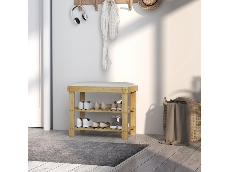  Banc à chaussures 60 x 29 x 49 cm crème et bambou, assise rembourrée, 2 étagères ouvertes pour entrée  - Conforama D