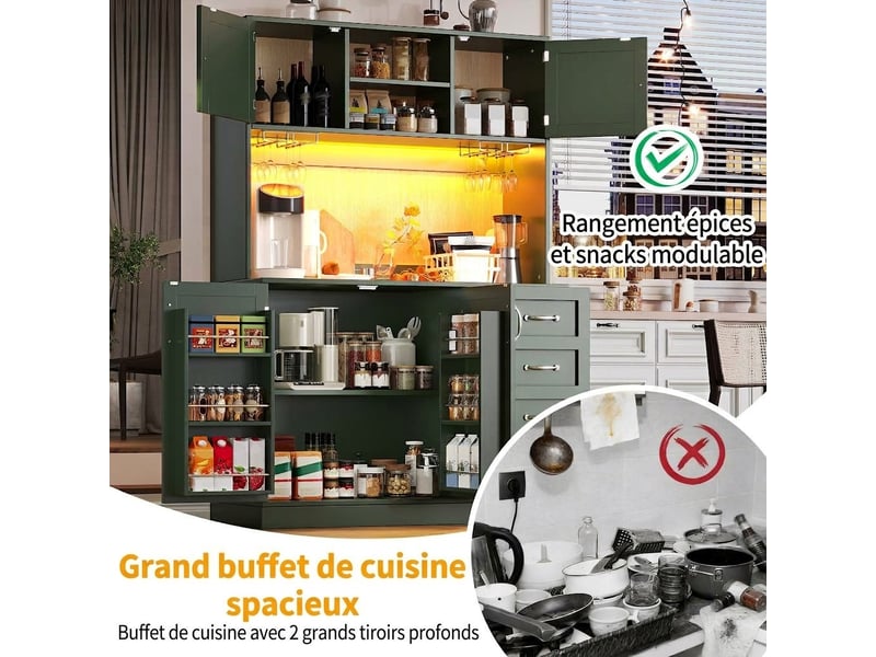 Vaisselier buffet de cuisine vert 4 portes 2 tiroirs, meuble de rangement avec led en mdf, 120x40x188 cm - Conforama R