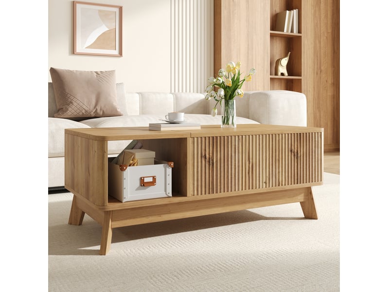  Table basse relevable en mdf naturel avec rangement et décor ondulé, 95 x 48 x 50 cm  - Conforama B