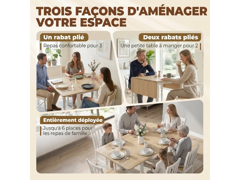 Table à manger pliante pour 2 à 6 personnes 74-134 cm, table de cuisine avec 2 abattants, bois naturel, pieds en acier - Conforama A