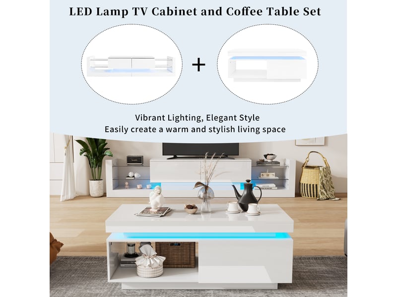  Ensemble meuble tv blanc - haute brillance - éclairage led intégré - dimensions table basse 100x50x40.3cm - Conforama C