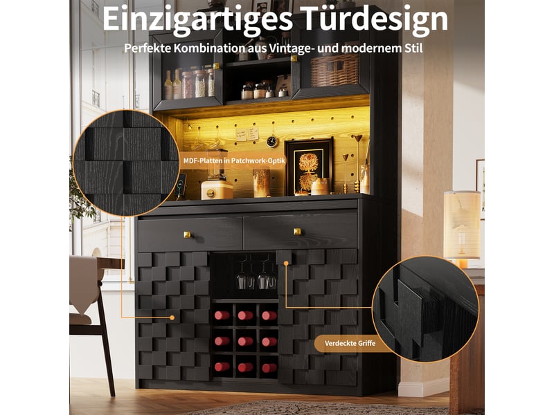  Buffet de cuisine 120x40x178 cm - 4 portes et 2 tiroirs, led rgb, 2 prises, 2 ports usb, rangement à vin - noir  - Conforama D