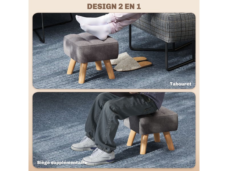  Repose pied salon ottoman siège rembourré en tissu avec pieds en bois gris 27 x 27 x 26 cm  - Conforama A