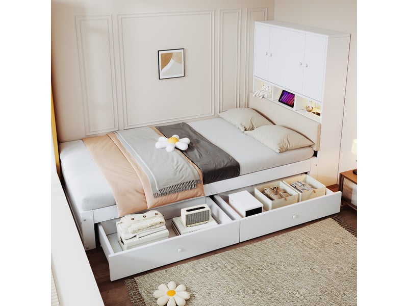 Lit multifonctionnel en bois 90 × 200 cm avec tête de lit rembourrée, rangements intégrés, étagères, éclairage led, prise électrique, tiroirs et sommier à lattes, blanc  - Conforama E
