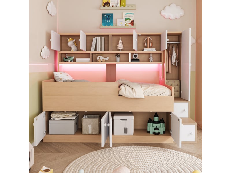  Lit enfant 90x200cm avec rangements, étagères, penderie, échelle d'accès, éclairage led et barrière de sécurité, bois  - Conforama D
