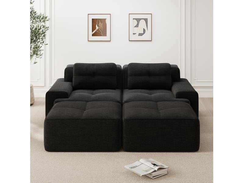  Canapé modulable 2 places 204x177x69 cm avec ottomans en velours côtelé noir  - Conforama D