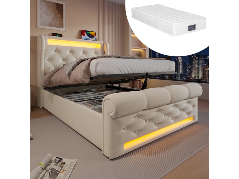  Lit coffre, lit enfant 90x200 cm, tête de lit avec rangement, led, usbusb-c, velours beige, matelas inclus  - Conforama A