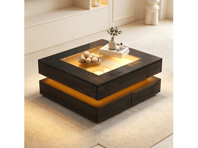  Table basse avec 3 tiroirs et éclairage led, finition brillante en verre et panneau de particules noir 70 × 70 × 35 cm  - Conforama D