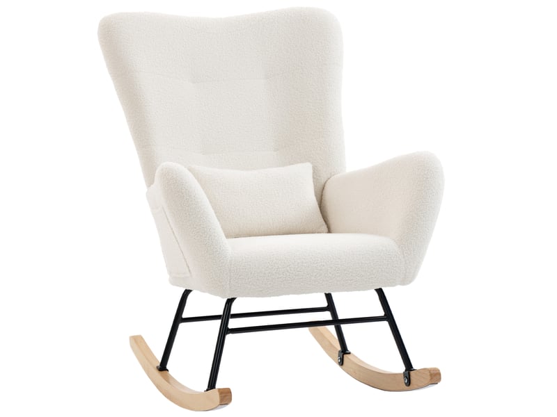  Fauteuil à bascule, rocking chair en peluche teddy avec dossier haut, coussin, pieds en bois d'hévéa, crème  - Conforama B