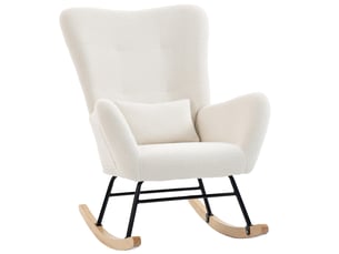 Fauteuil à bascule, rocking chair en peluche teddy avec dossier haut, coussin, pieds en bois d'hévéa, crème