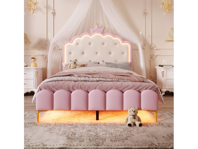  Lit 2 places 140 x 200 cm rose, forme couronne, sommier, led et télécommande  - Conforama E