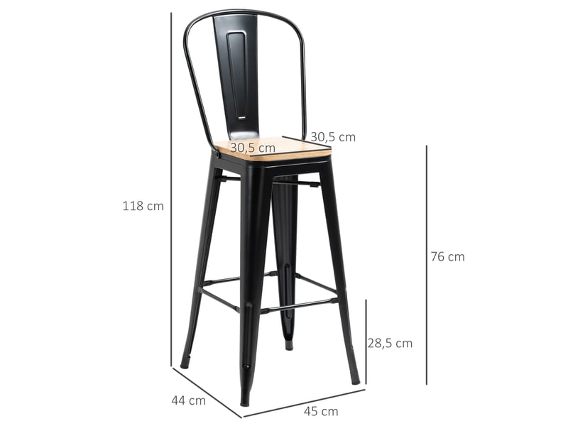  Lot de 4 tabourets de bar industriel avec dossier repose-pied hauteur assise 76 cm métal noir panneaux multicouches imitation bois clair  - Conforama E