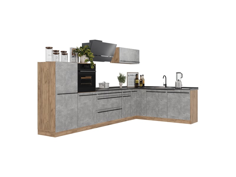  Vicco cuisine en angle, bétonchêne doré, 347 x cm sans plan de travail  - Conforama E