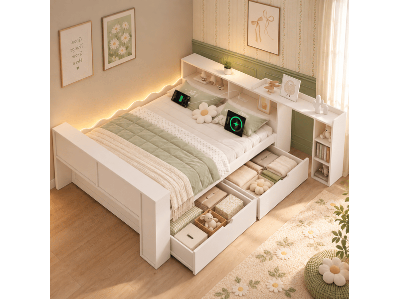  Lit combiné 140 × 200 cm avec bureau coulissant, 2 tiroirs, prises et led Fay Lum - Conforama D