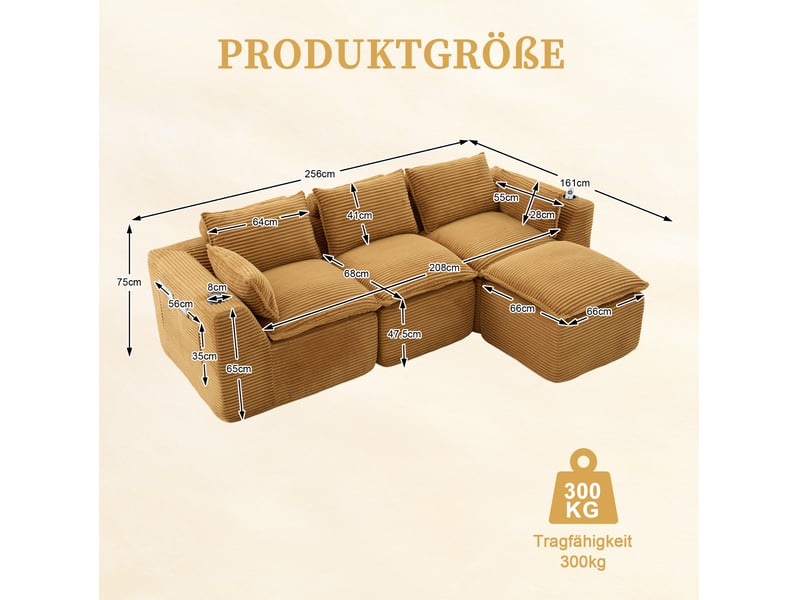  Canapé modulable 3 places modenvie avec pouf, coussins et porte-gobelets en velours côtelé orange 256 x 161 x 75 cm  - Conforama C