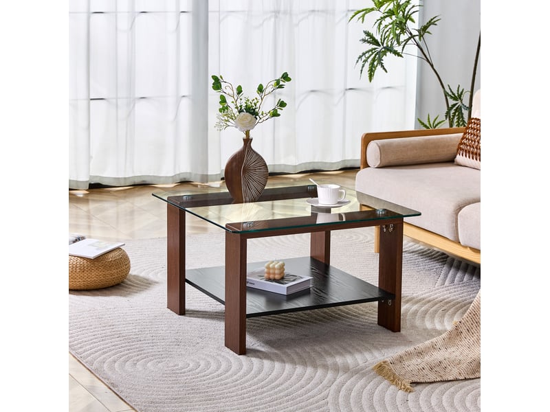  Table basse avec plateau en verre trempé et 1 tablette de rangement, en mdf et verre, noyer, 65 × 41 × 45,5 cm  - Conforama B
