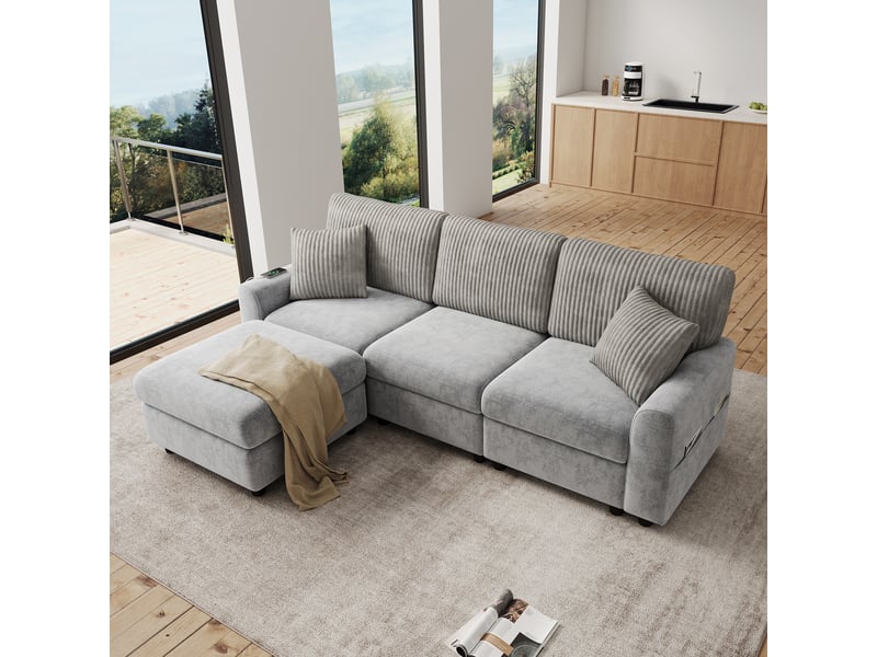  Canapé moderne gris avec pouf, revêtement chenille et velours côtelé, ports usb et usb-c, 2 coussins, 223 x 146 x 84 cm  - Conforama E