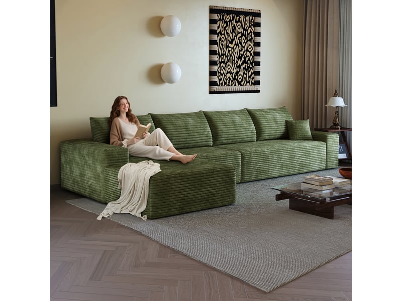 Canapé d'angle modulable 4 places en velours côtelé vert, 340 x 175 x 83 cm, méridienne gauche, sans montage, livré compressé, assise profonde CARDUME ESTIVAL - Conforama D