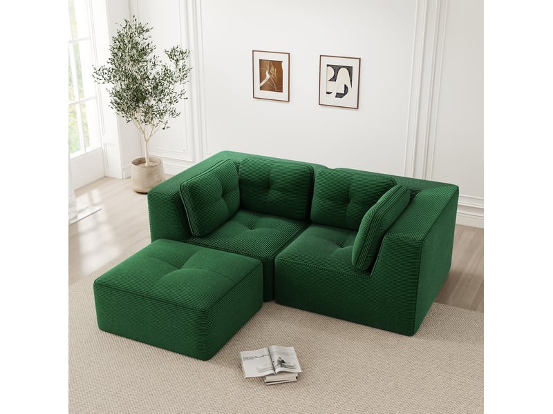 Canapé modulable en l 208x177x69 cm 2 places, sans montage, accoudoirs spacieux, en velours côtelé, vert - Conforama E