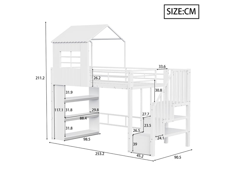  Lit mezzanine enfant, 90 x 200 cm, lit simple avec escalier aménagé, matelas non inclus, mdf et métal, coloris blanc  - Conforama C