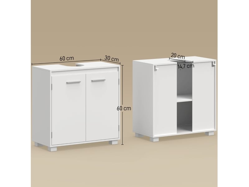 Meuble sous vasque à découpe en u avec 2 portes et étagère réglable pour salle de bain en mdf blanc 60 × 30 × 60 cm - Conforama C