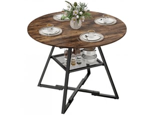 Table à manger ronde pour 4 personnes, 100 cm, style industriel, avec étagère, plateau aspect bois, marron rustique