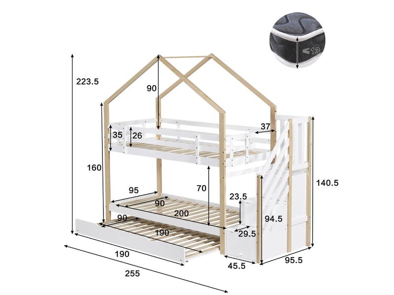  Lit superposé 90x200cm et 90x190cm, lit gigogne extensible avec escalier de rangement 3 tiroirs, bois massif et mdf pour chambre d'enfant, blanc  - Conforama E
