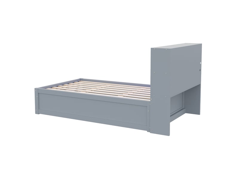  Lit banquette hydraulique avec rangements, bois massif gris, 90x200 cm, led et prise intégrée  - Conforama E