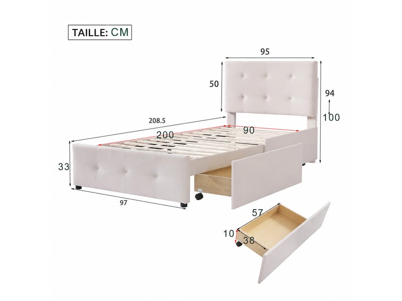  Lit avec tiroir 90x200 cm en velours, lit simple avec dossier et rangement, sans matelas, beige  - Conforama D